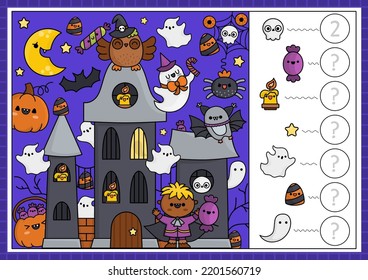 Vector Halloween searching game with haunted house and kawaii characters. Spot hidden objects, say how many. Simple autumn holiday seek and find counting page or printable activity
