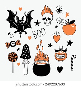 Vector halloween conjunto con murciélago hongo, manzana envenenada, caramelos, estrellas negras y corazones. Elementos de colección para el diseño de halloween, uso como impresión, póster, invitación, pegatinas, diseño de elementos, tatuaje.