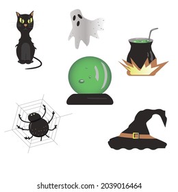 Vector halloween set, black cat, ghost, potion, with hat, spider, magic ball. 