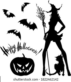 Vector halloween set : black on white silhouettes of young pretty witch with hat and broom , cat, smiling pumpkin Jack-o-lantern, flying bats and hand written lettering. For card or poster.