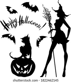 Vector halloween set : black on white silhouettes of young pretty witch with hat and broom , cat, smiling pumpkin Jack-o-lantern, flying bats and hand written lettering. For card or poster.