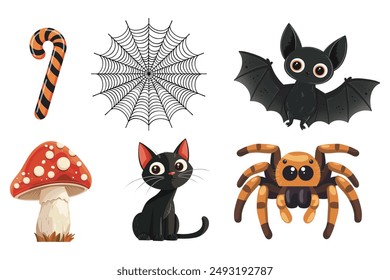 Vector halloween set. Candy stick, web, bat, mushroom, black car and spider set for halloween party decor. Cartoon style halloween objects. 