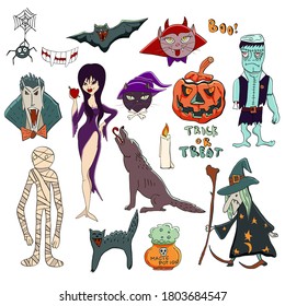 Vector Halloween set. Halloween characters such as vampire Dracula, old witch, pumpkin Jack o lantern, werewolf, Elvira mistress of the dark, mummy, Frankenstein, black cat, bat, spider. 