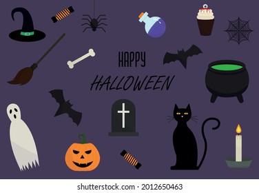 Vector halloween set clipart. Bat, pumpkin jack, cupcake, ghost, cat, etc. Can be used to create your own Halloween designs, flyers, banners, postcards.