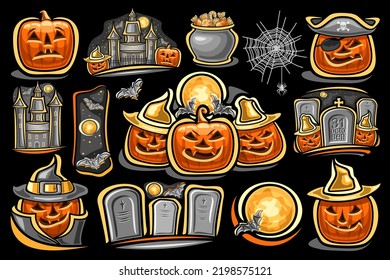 Vector Halloween Set, lot collection of various cut out compositions for happy halloween holiday, carved jack-o-lanterns in hats with variety characters and sweet halloween treats on black background