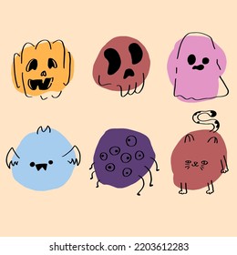 Vector Halloween set. Colorful icons of skull, ghost, pumpkin, cat, bat and spider. Design elements for halloween party poster. Flat cartoon illustration.