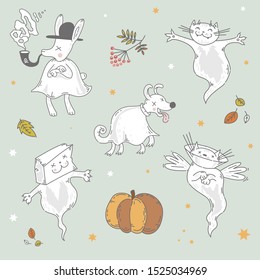 Vector halloween set of cute animal ghost illustration.