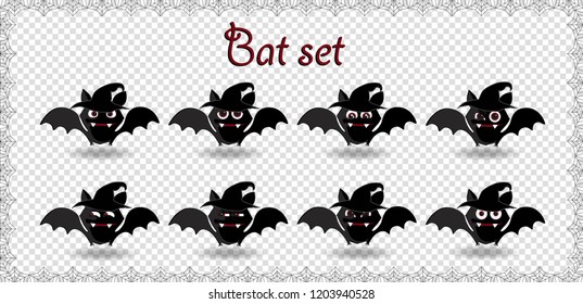 Vector Halloween set of cute cartoon bats with different emotions. Design collection for Halloween party decoration. trick or treat concept. Clip art Illustration elements on transparent background
