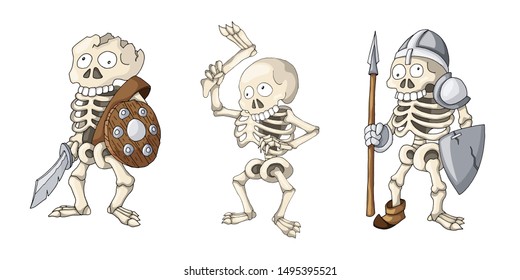 Vector Halloween set with cute creepy skeletons. Hand drawn cartoon characters. Isolated on white. Holiday design objects or game assets