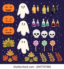 vector halloween set, cute ghosts, scary pumpkins, poison and candy, autumn leaves, candles and skulls