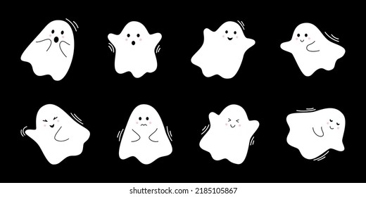 Vector halloween set with cute ghosts. Flying spirits in flat design. White phantoms on black background. Doodle ghosts.