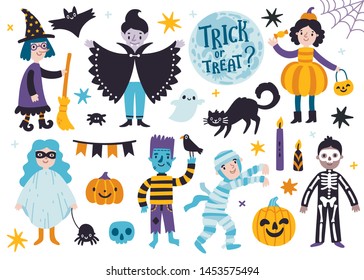 Vector Halloween set with cute kids in holiday costumes: witch, vampire, ghost, zombie, mummy, skeleton, pumpkin. Cute cartoon characters. Isolated on white. Halloween poster with text Trick or treat