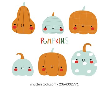 Vector Halloween set of cute pumpkins ,Halloween decorations. Holiday background with carving pumpkins Cartoon characters. Sticker sheet.