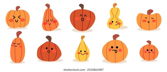 Vector Halloween set of cute pumpkins and Halloween decorations. Holiday carving pumpkin. Cartoon characters. Sticker sheet.