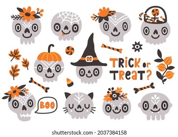 Vector Halloween set of cute smiling skulls, flowers, holiday decorations. Autumn sticker collection with funny Halloween characters.Holiday greeting card with text ‘Trick or treat’. Isolated on white