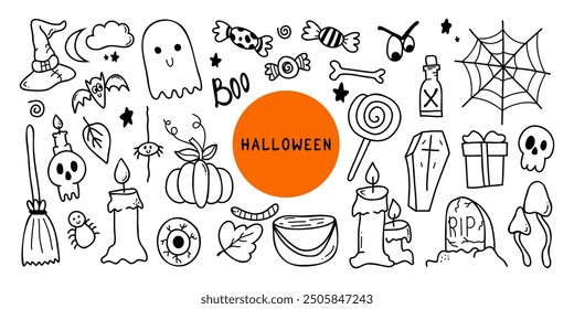 Vector Halloween set in doodle style. With Witches hat, moon, stars, ghost, cloud, bat, broom, spider, candles, pumpkin, eye, cauldron, lollipop, grave, coffin, mushrooms, skull, web. 