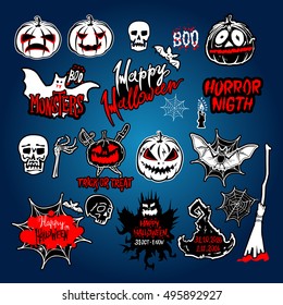 vector Halloween set, drawn Halloween symbols pumpkin, broom, bat, spider webs, lettering and stylized drawing in vintage style art