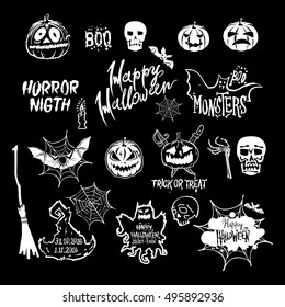 vector Halloween set, drawn Halloween symbols pumpkin, broom, bat, spider webs, lettering and stylized drawing in vintage style art