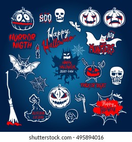 vector Halloween set, drawn Halloween symbols pumpkin, broom, bat, spider webs, lettering and stylized drawing in vintage style art