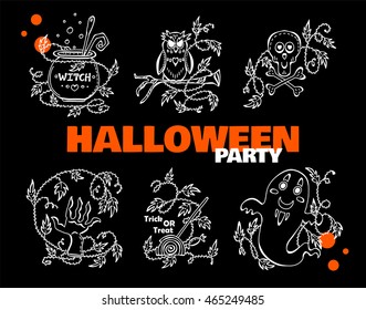 Vector Halloween set of elements. Skull, crossbones, witch cauldron, owl, severed hand, trick or treat lolly pop, ghost, ivy. Detailed doodle sketches in chalkboard style for web icons, cards, borders