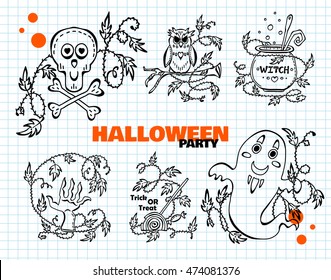 Vector Halloween set of elements. Skull, crossbones, witch cauldron, owl, severed hand, trick or treat lolly pop, ghost, ivy. Detailed doodle sketches on note page for icon, web, card, invitation