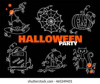 Vector Halloween set of elements. Witches hat, spiderweb, pumpkin head, gravestone, candlestick, candle, magic cat and wave ivy. Detailed doodle sketches in chalkboard style for web icon, card, border