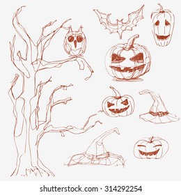 Vector Halloween set. Hand drawn. Made with watercolor and chalk