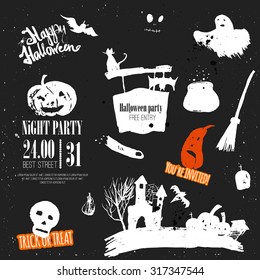 Vector Halloween set of hand drawn symbols: pumpkin, bat, lettering and skull on dark background. EPS10