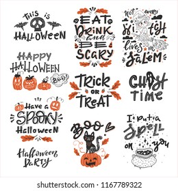 Vector Halloween set with handwritten lettering and traditional symbols. Collection with pumpkins, ghost, cat, skulls, bats, broom, cauldron, leaves, candys. Perfect for party invitation.