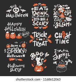 Vector Halloween set with handwritten lettering and traditional symbols. Collection with pumpkins, ghost, cat, skulls, bats, broom, cauldron, leaves, candys. Perfect for party invitation.