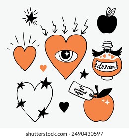 Vector halloween set with hearts, eyes, poisoned apple, black stars and hearts. Elements collection for halloween design, use as print, poster, ivitation, stickers, element design, tattoo.