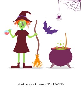 Vector Halloween set illustration with cute cartoon witch, spider, cauldron and  bat.