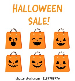 Vector Halloween set of orange shopping bags with scary faces for sale banner or poster