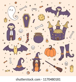 Vector Halloween set with pumpkins, ghosts, vampire, witch, hat, broom, cauldron, house, bats, bones, skulls and candy corn in sketch style. Hand drawn autumn collection on the starry beige background