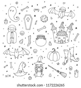 Vector Halloween set with pumpkins, ghosts, vampire, witch, hat, broom, cauldron, house, bats, bones, skulls and candy corn outline in sketch style. Hand drawn holiday collection of line art 