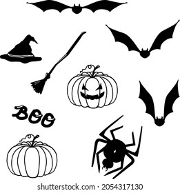 vector halloween set. Pumpkins, spider, witch hat, bats, broom, boo on a white background. element for design