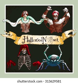 Vector halloween set in retro style. Tamer girl with big white snake, red haired mummy, skeleton with a hood and big blue spider with web