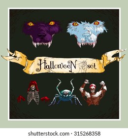 Vector halloween set in retro style. Light and dark faces of wolf, red haired mummy, skeleton with a hood and big blue spider with web