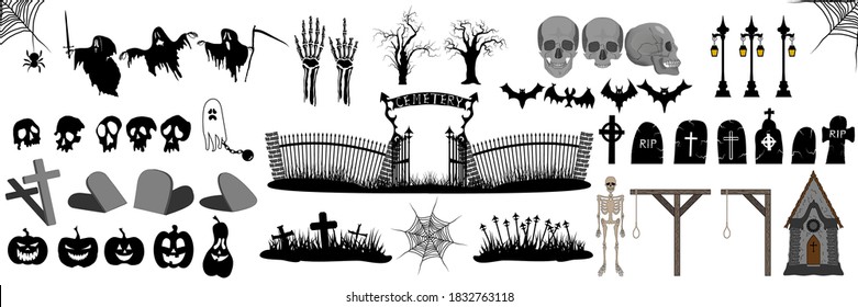 Vector Halloween set. Scary icons set. Vector cemetery. Scary autumn