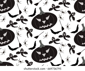 Vector halloween set, seamless pattern (includes pumpkin, broom, bat, ghost)