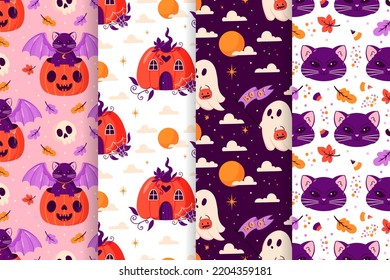 Vector Halloween set of seamless patterns with ghost, moon, black cat, pumpkin. Collection of surface pattern design. 