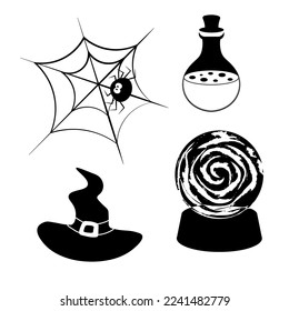 VektorHalloween-Set mit Silhouette-Hexe, Spinne und Web, Schlosspark, Zauberkugel.Verwendung für die Einladung, Rabattgutschein, Werbung, Grußkarte, Logo, Verpackung, Textil, Web