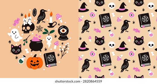 Vector halloween set with spooky clipart and seamless pattern. Pumpkin, cat, raven, ghost, witch hat and magic objects for halloween decoration in flat cartoon design.