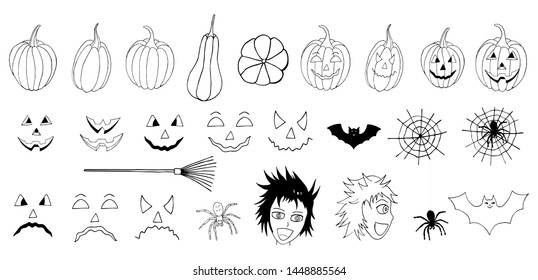 vector halloween set that consists of pumpkins and faces, witches and spiders with bats. Construct your own pumpkins faces.