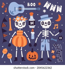 Vector Halloween set with two skeletons, musical instruments, and holiday decorations. Cute card for Day of the dead. Mexican background with funny cartoon characters.