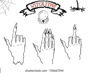 Vector halloween set of the witch hands in different gestures.