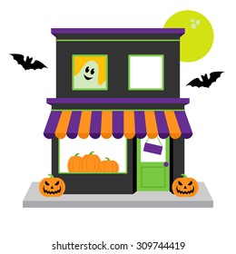 Vector Halloween Shop with Pumpkins, Moon and Spooky Accessories