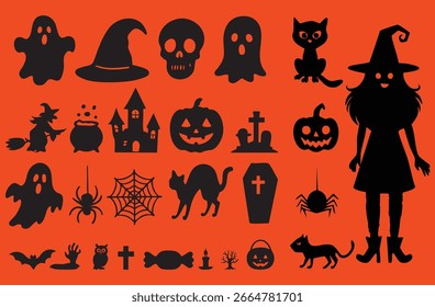 Vector Halloween silhouette set collection of Halloween icon and element isolated Background