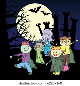 vector vector Halloween sketch with many kids doing something