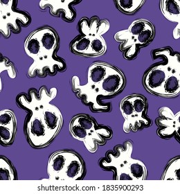 vector halloween skull with black rough outlines brush stroke seamless pattern on violet